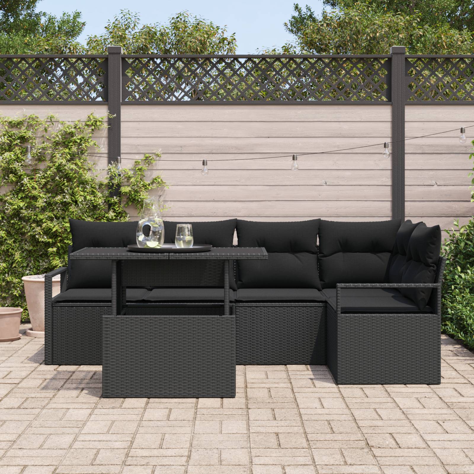 vidaXL 6-tlg. Garten-Sofagarnitur mit Kissen Schwarz Poly Rattan