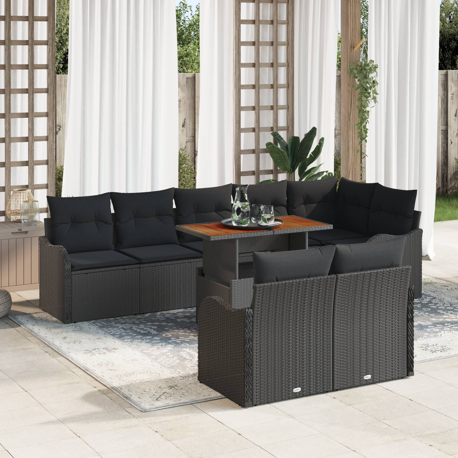 vidaXL 9-tlg. Garten-Sofagarnitur mit Kissen Schwarz Poly Rattan