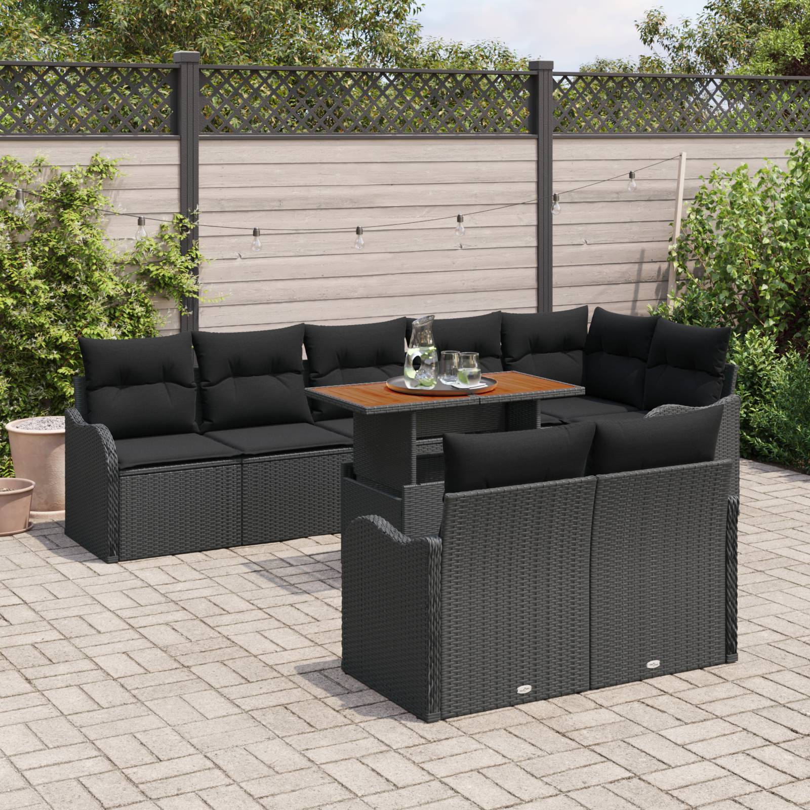vidaXL 9-tlg. Garten-Sofagarnitur mit Kissen Schwarz Poly Rattan