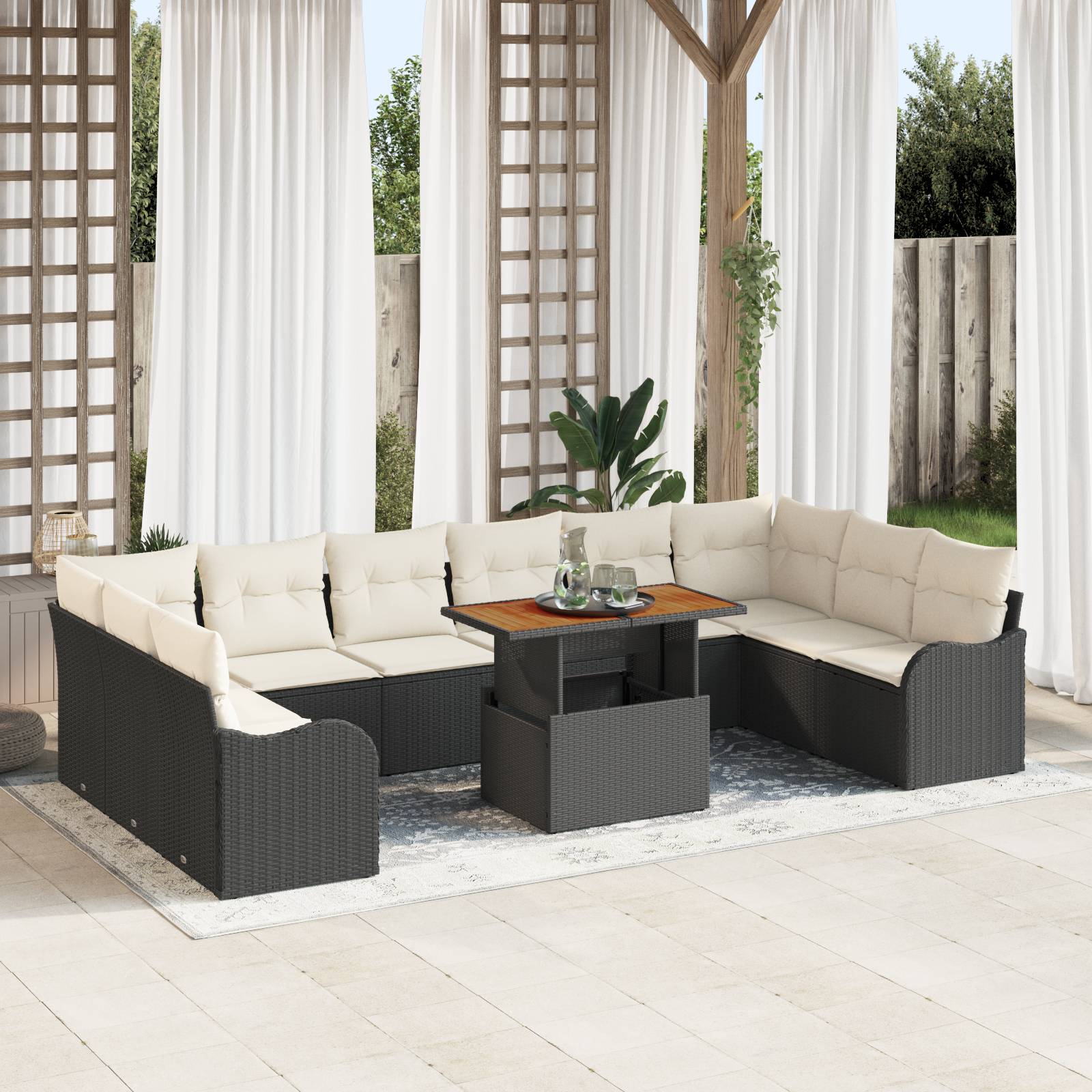 vidaXL 11-teiliges Garten-Sofa-Set mit Kissen Schwarz Poly-Rattan Akazie
