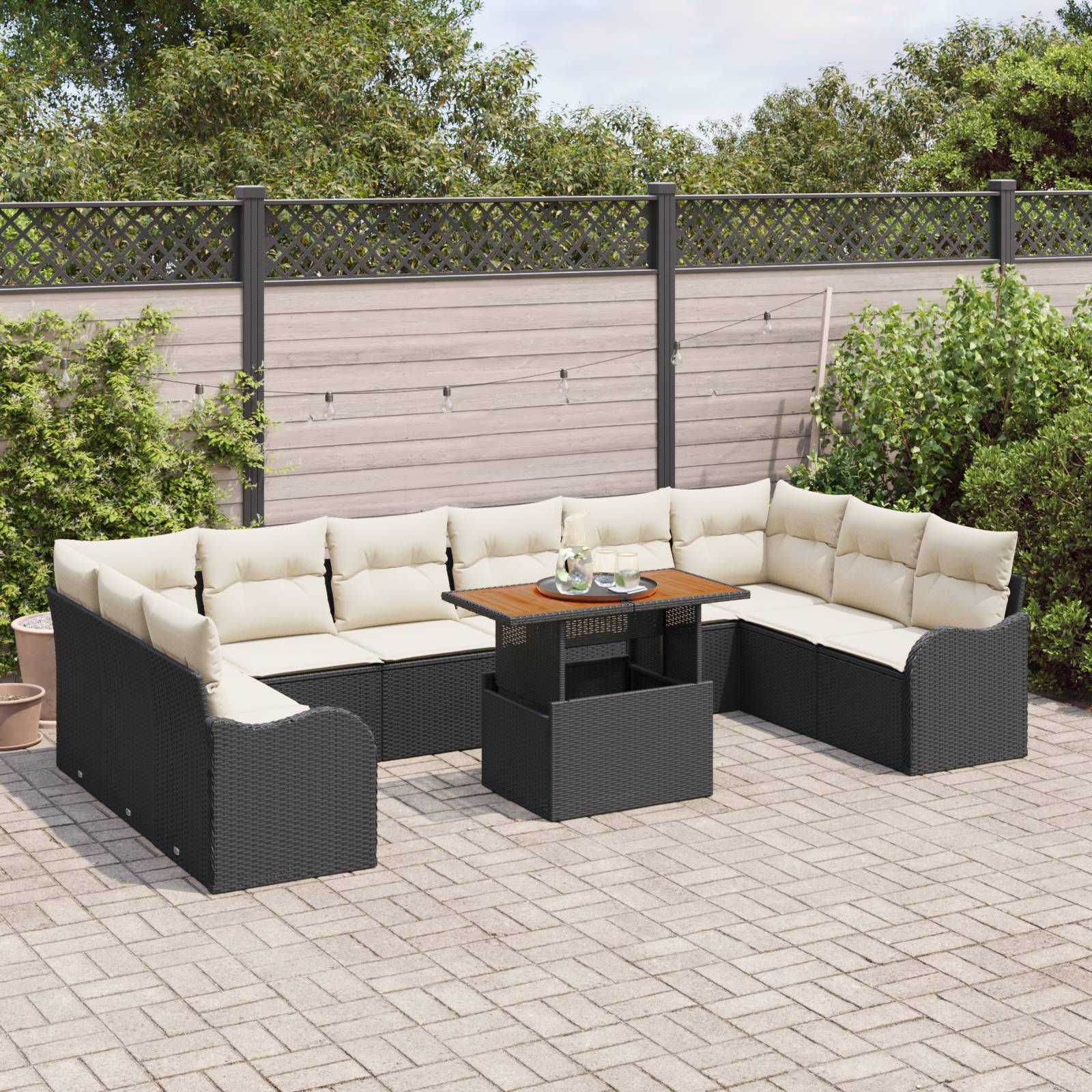 vidaXL 11-teiliges Garten-Sofa-Set mit Kissen Schwarz Poly-Rattan Akazie