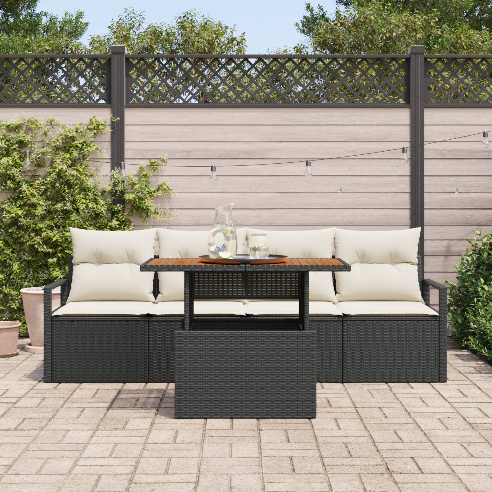vidaXL 5-teiliges Garten-Sofa-Set mit Kissen Schwarz Poly Rattan