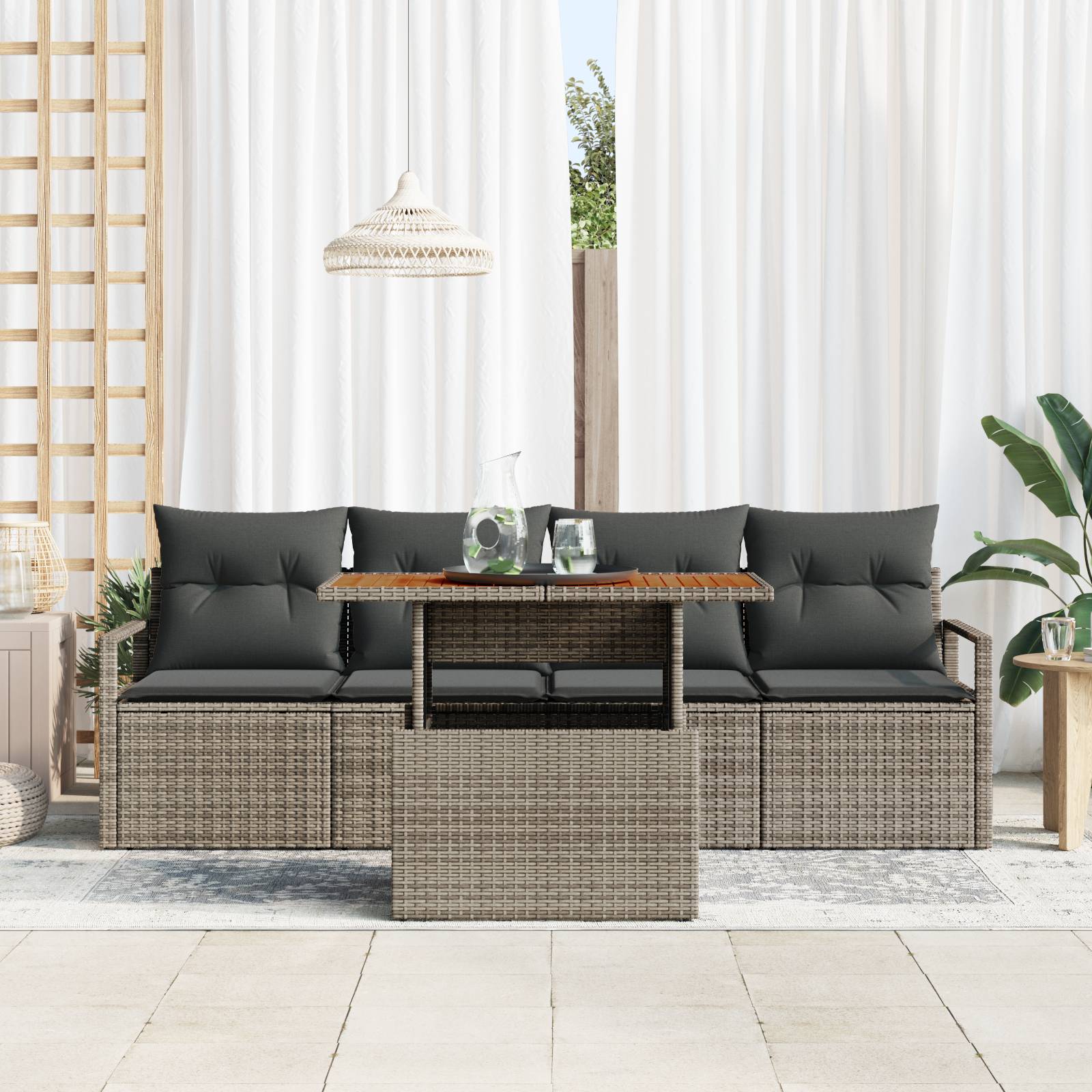 vidaXL 5-teiliges Garten-Sofa-Set mit Kissen Graues Poly-Rattan