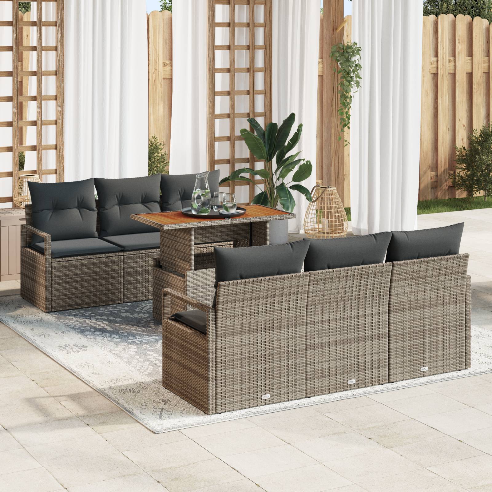 vidaXL 7-teiliges Garten-Sofa-Set mit Kissen Grau Poly Rattan Akazie