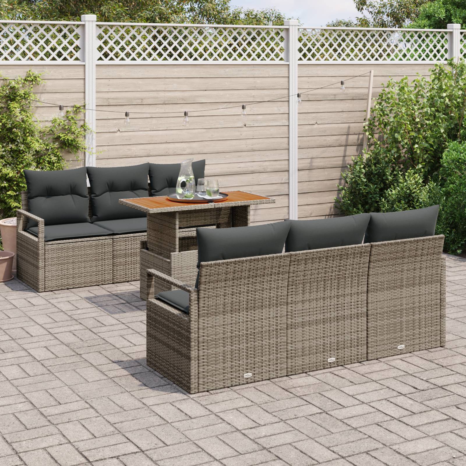 vidaXL 7-teiliges Garten-Sofa-Set mit Kissen Grau Poly Rattan Akazie