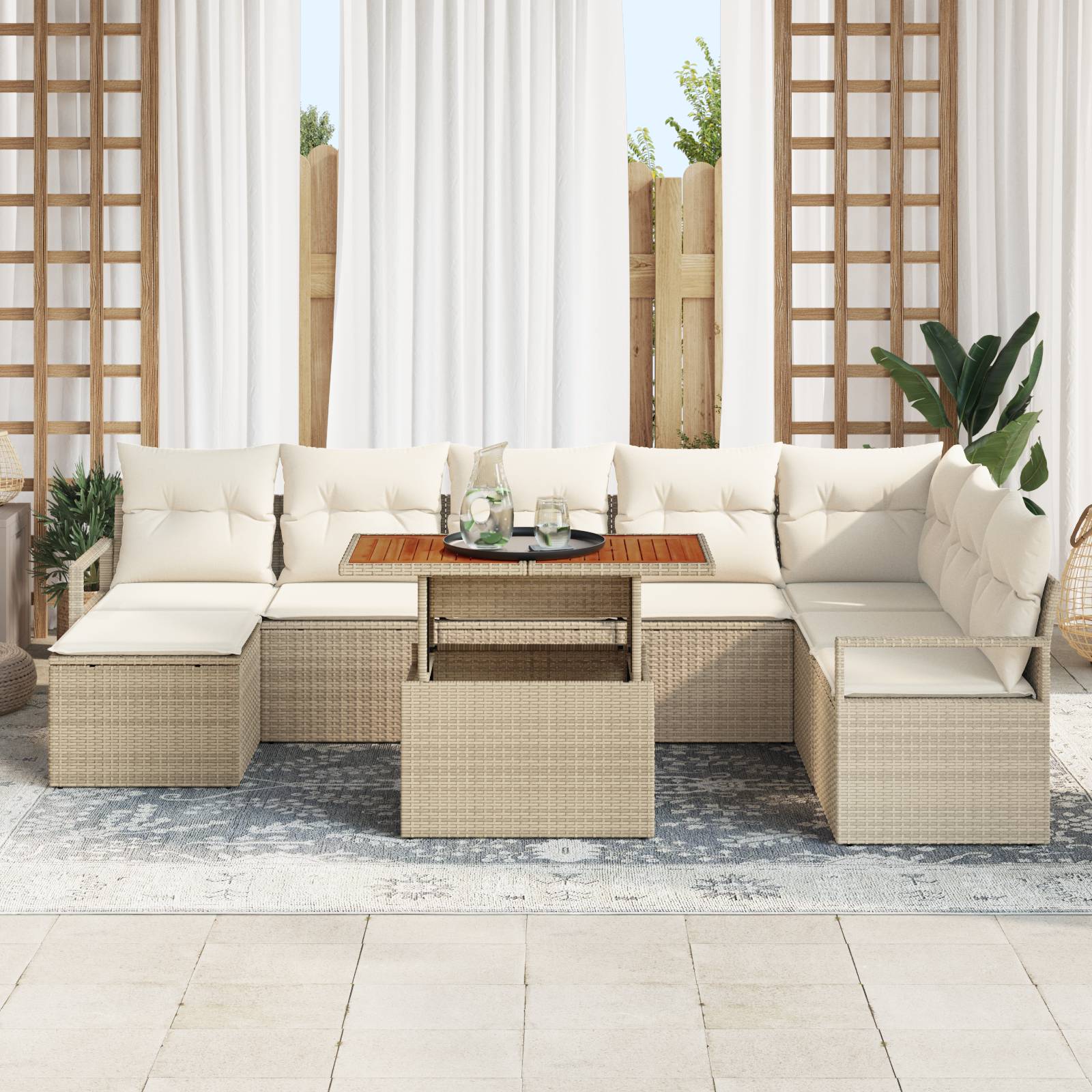 vidaXL 9-teiliges Garten Sofa Set mit Kissen Beige Poly Rattan
