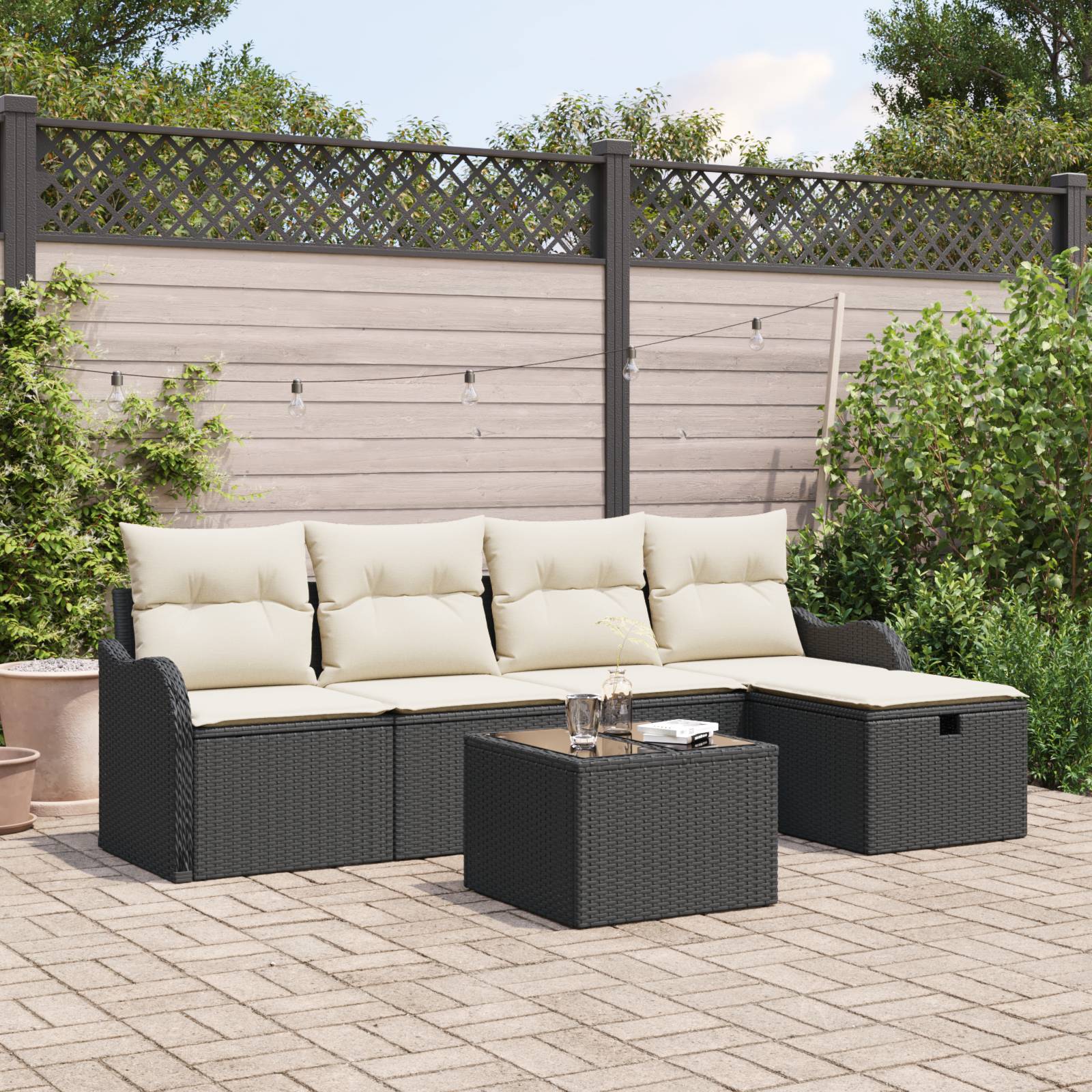 vidaXL 6-teiliges Garten-Sofa-Set mit Kissen Schwarz Poly-Rattan