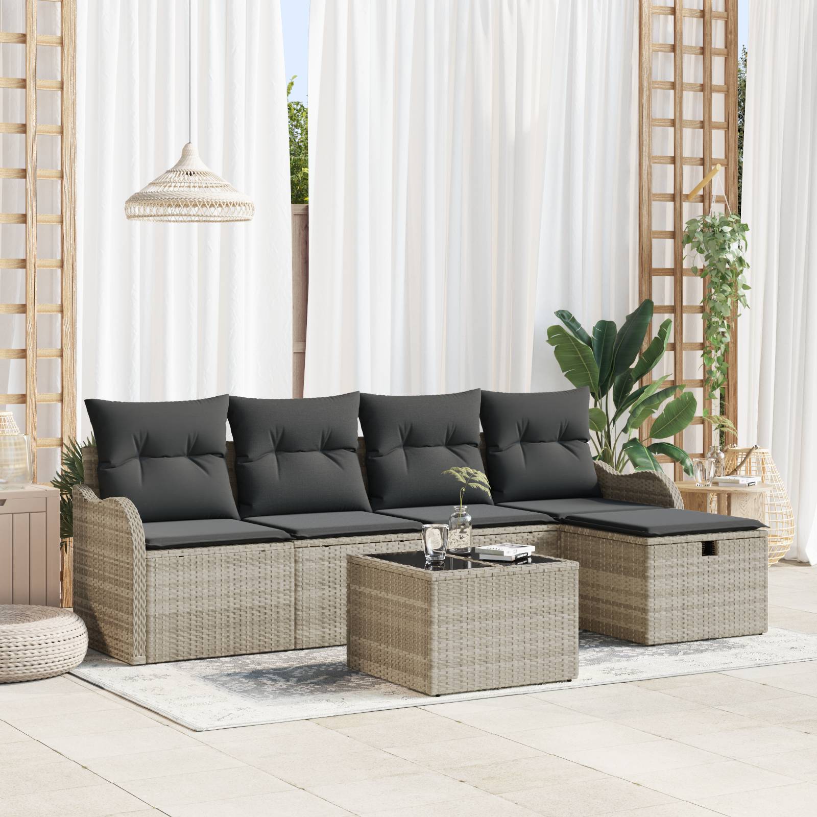 vidaXL 6-teiliges Gartensofa-Set mit Kissen Hellgrau Poly-Rattan