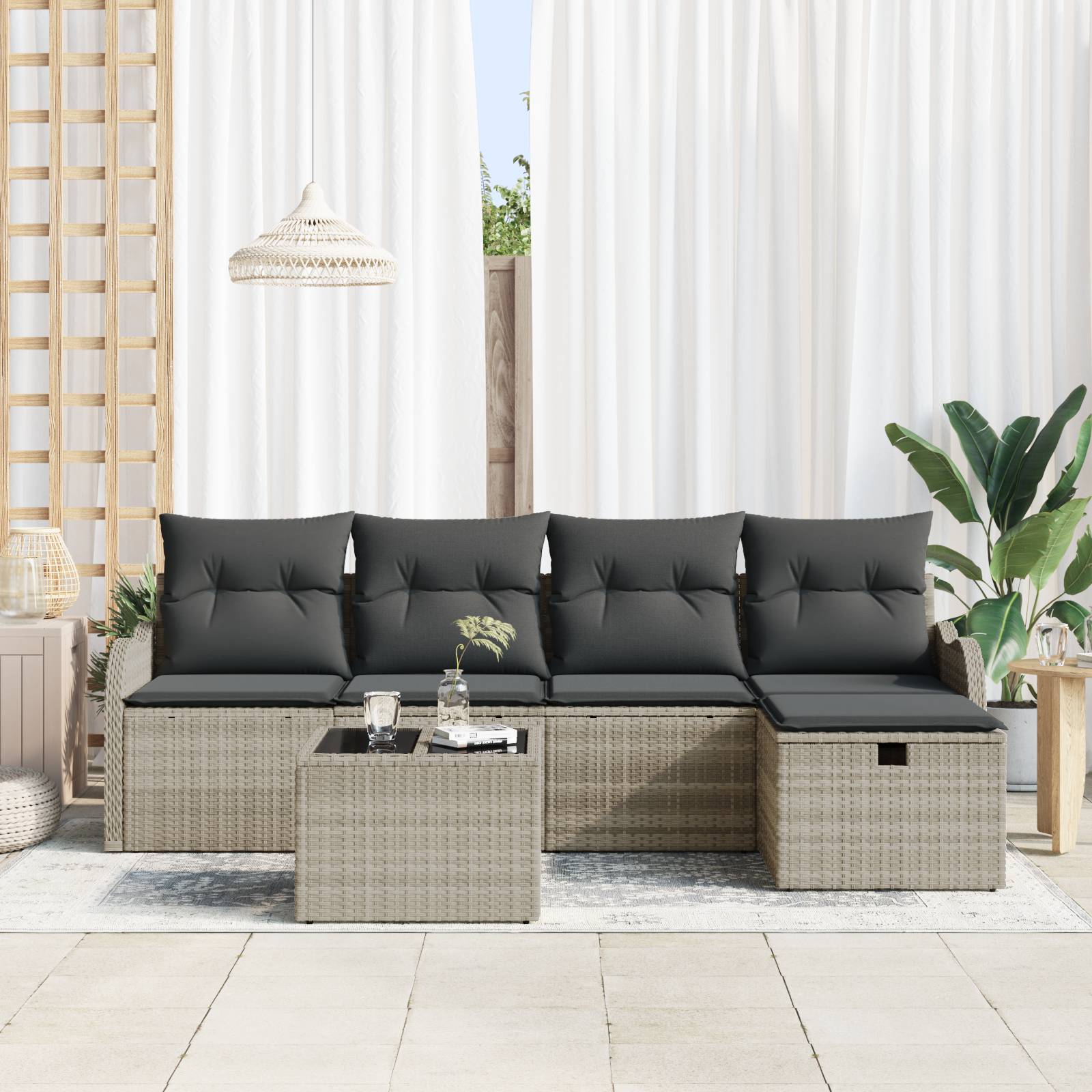 vidaXL 6-teiliges Gartensofa-Set mit Kissen Hellgrau Poly-Rattan