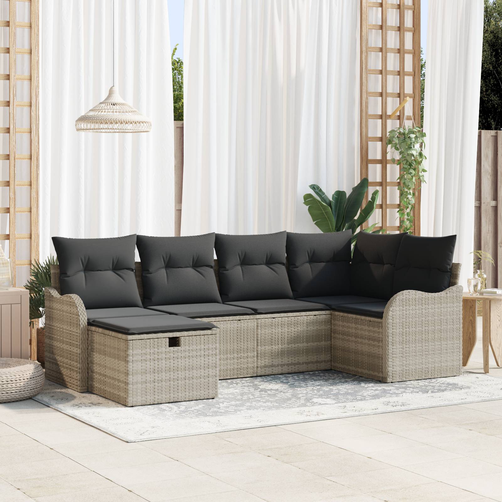 vidaXL 6-teiliges Garten-Sofa-Set mit Kissen, hellgraues Poly-Rattan