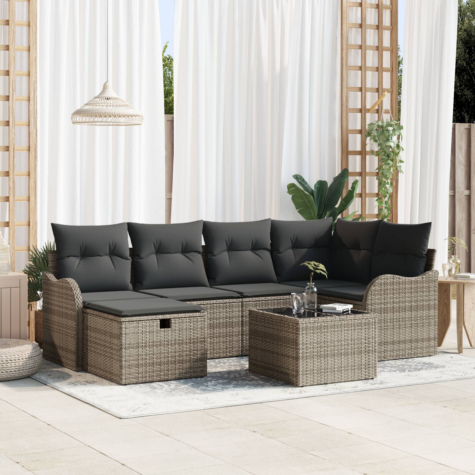 vidaXL 7-teiliges Garten Sofa Set mit Kissen Grau Poly Rattan