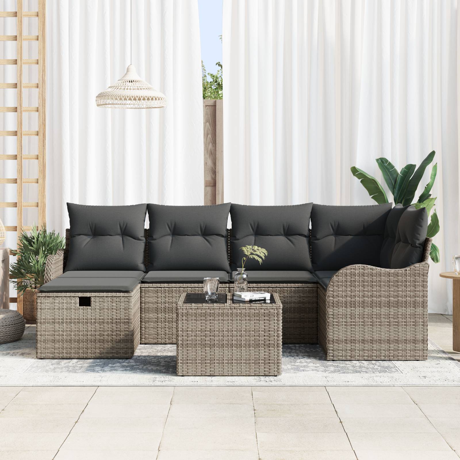 vidaXL 7-teiliges Garten Sofa Set mit Kissen Grau Poly Rattan