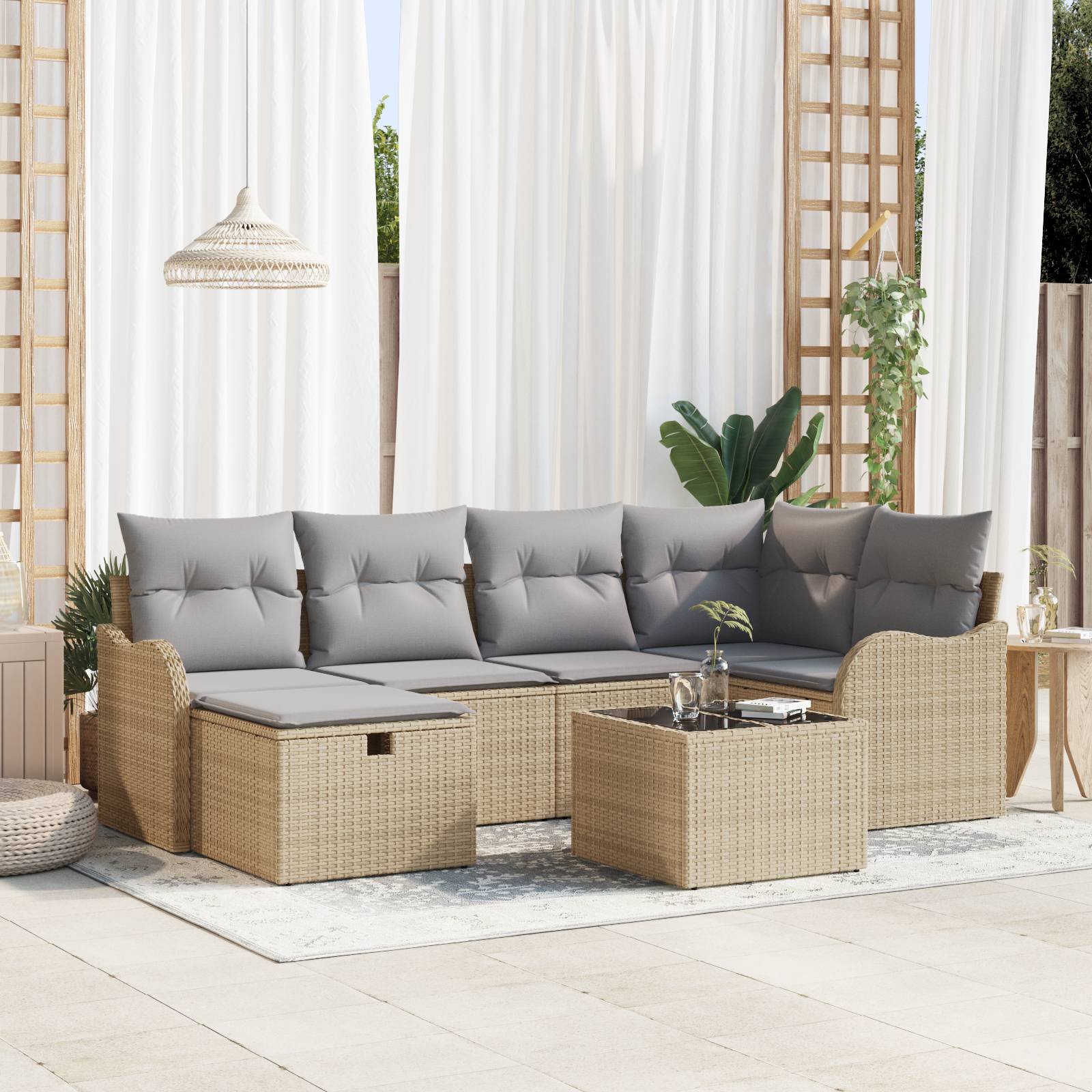 vidaXL 7-teiliges Gartensofa-Set mit Kissen Beige Poly Rattan
