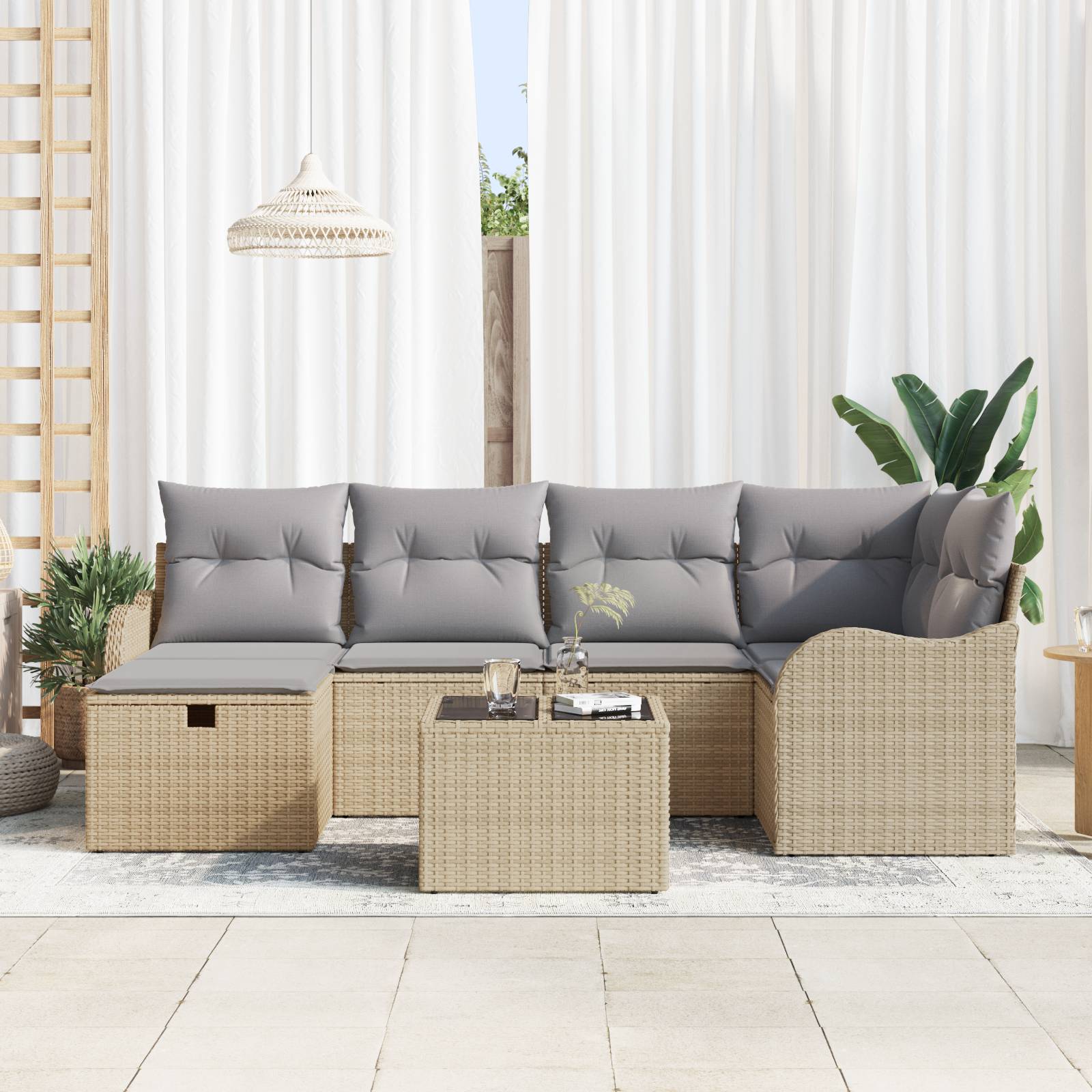 vidaXL 7-teiliges Gartensofa-Set mit Kissen Beige Poly Rattan