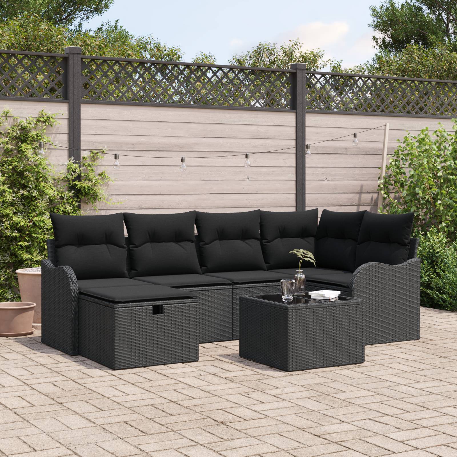 vidaXL 7-teiliges Garten Sofa Set mit Kissen Schwarz Poly-Rattan