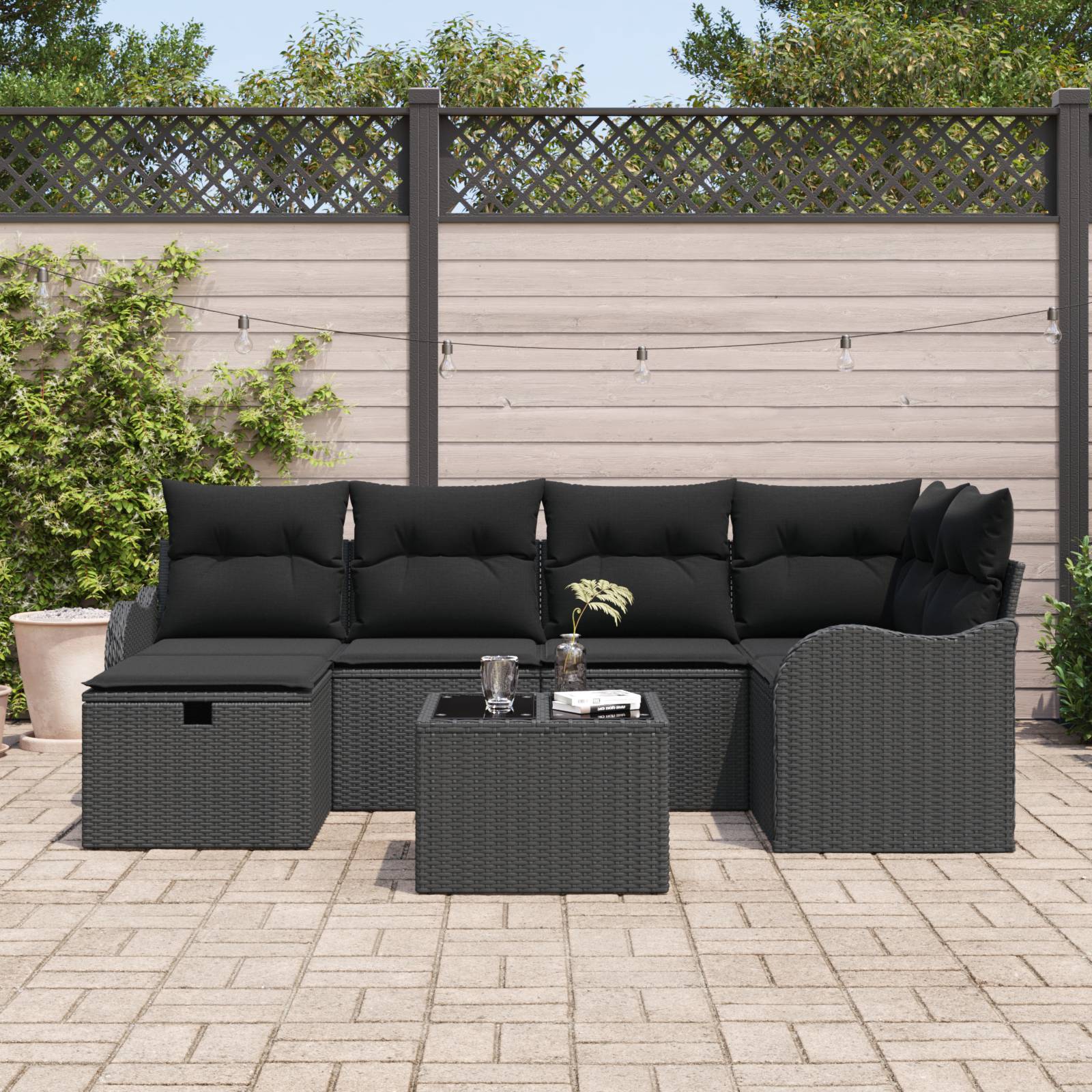 vidaXL 7-teiliges Garten Sofa Set mit Kissen Schwarz Poly-Rattan
