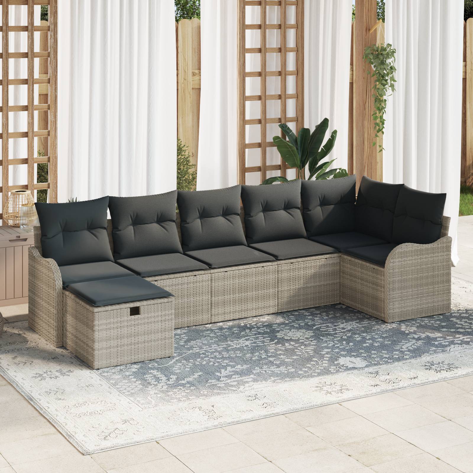 vidaXL 7-teiliges Garten Sofa Set mit hellgrauen Kissen aus Poly Rattan