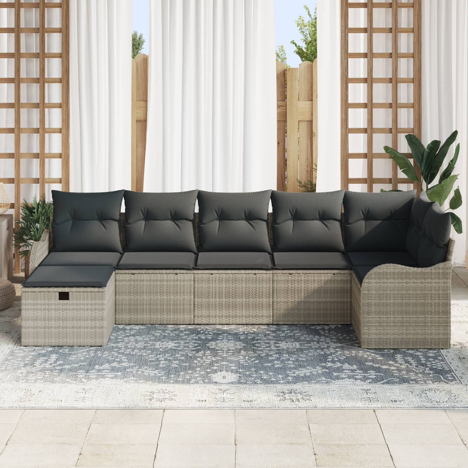 vidaXL 7-teiliges Garten Sofa Set mit hellgrauen Kissen aus Poly Rattan