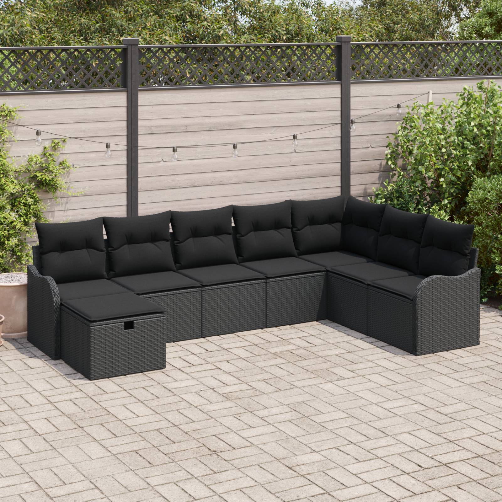 vidaXL 8-teiliges Garten-Sofa-Set mit Kissen, schwarzes Poly-Rattan