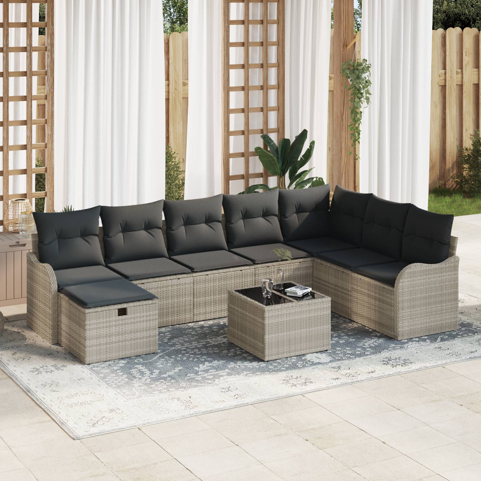 vidaXL 9-teilige Garten-Sofaset mit Kissen Hellgrau Poly-Rattan