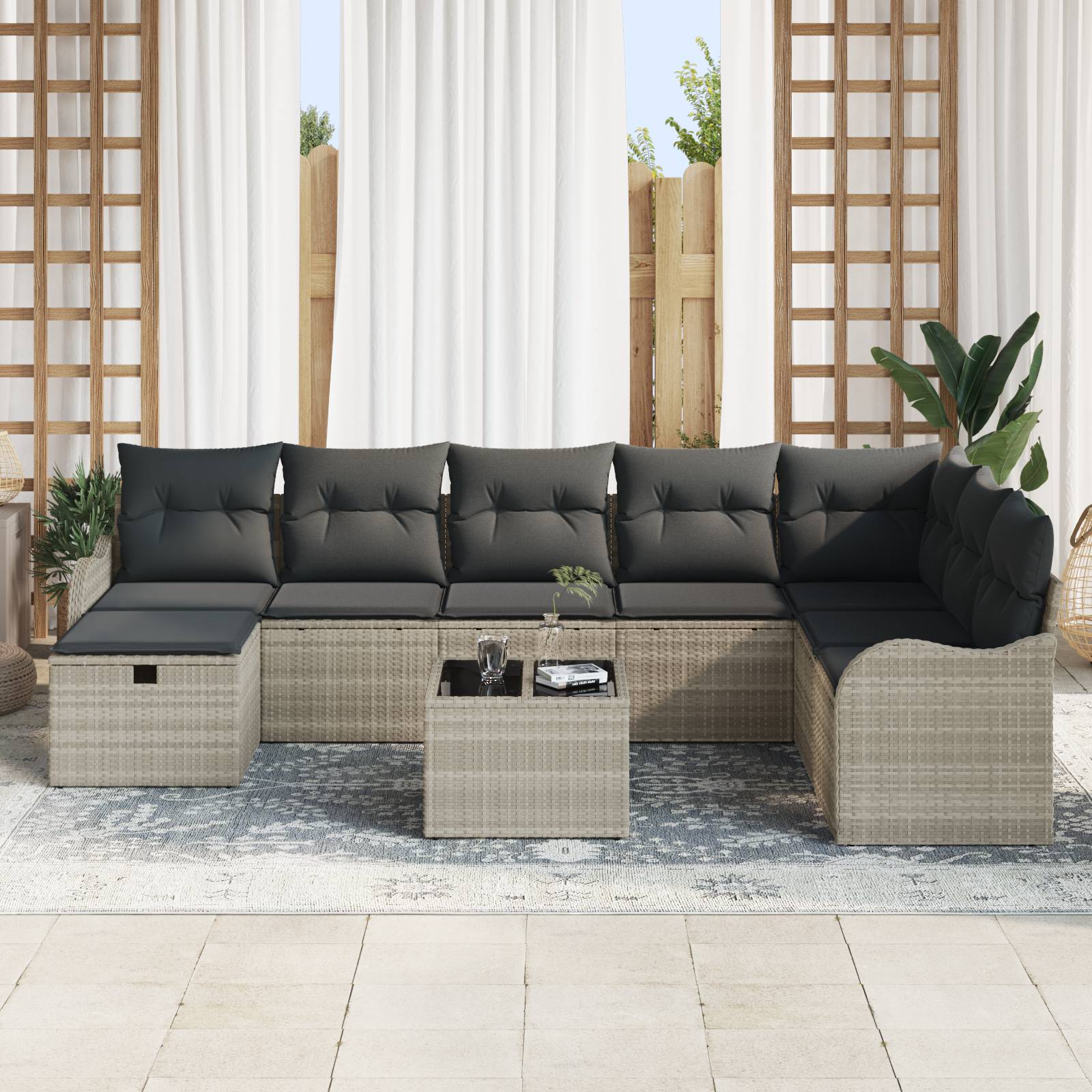vidaXL 9-teilige Garten-Sofaset mit Kissen Hellgrau Poly-Rattan