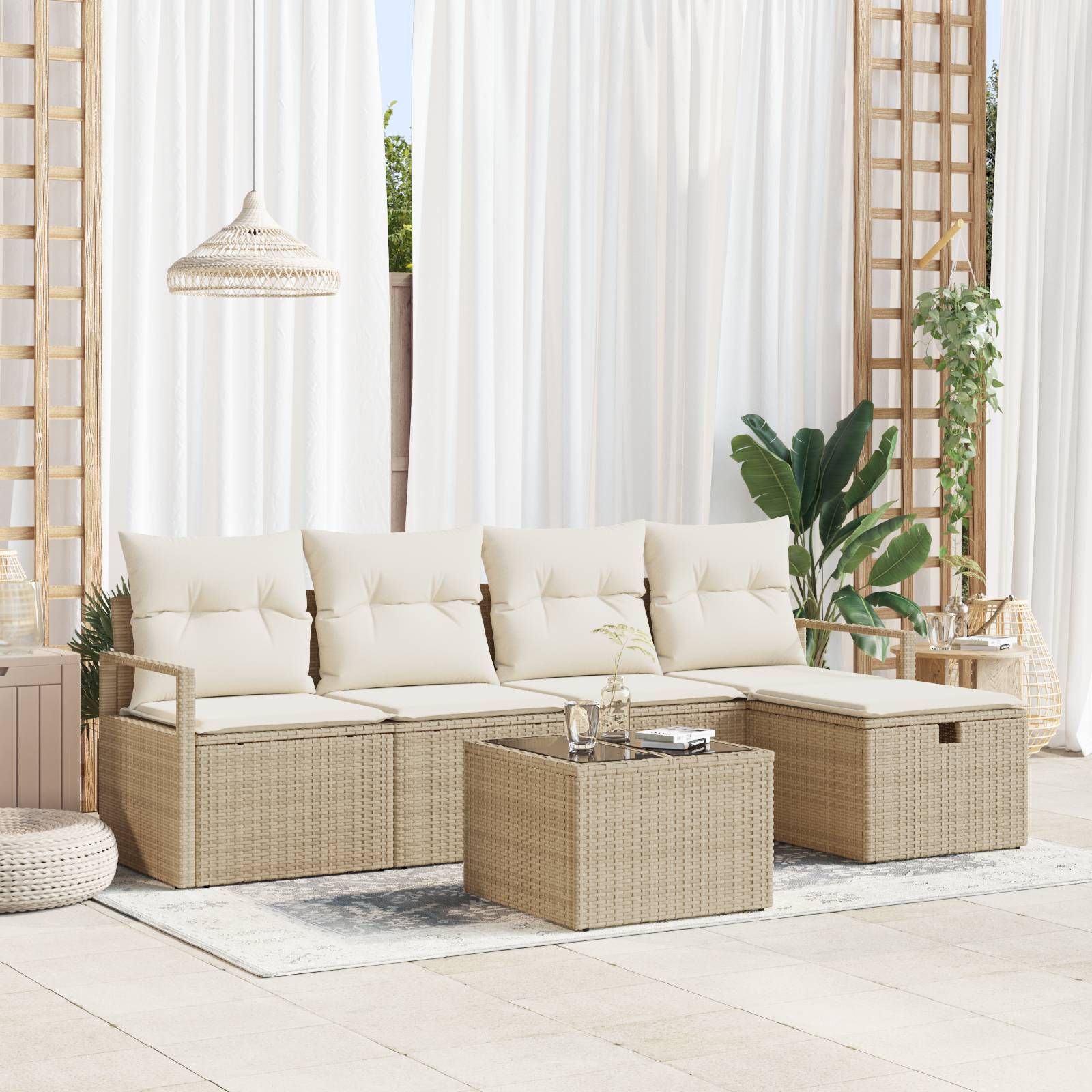 vidaXL 6-teiliges Garten Sofa Set mit Kissen in Beige aus Poly Rattan