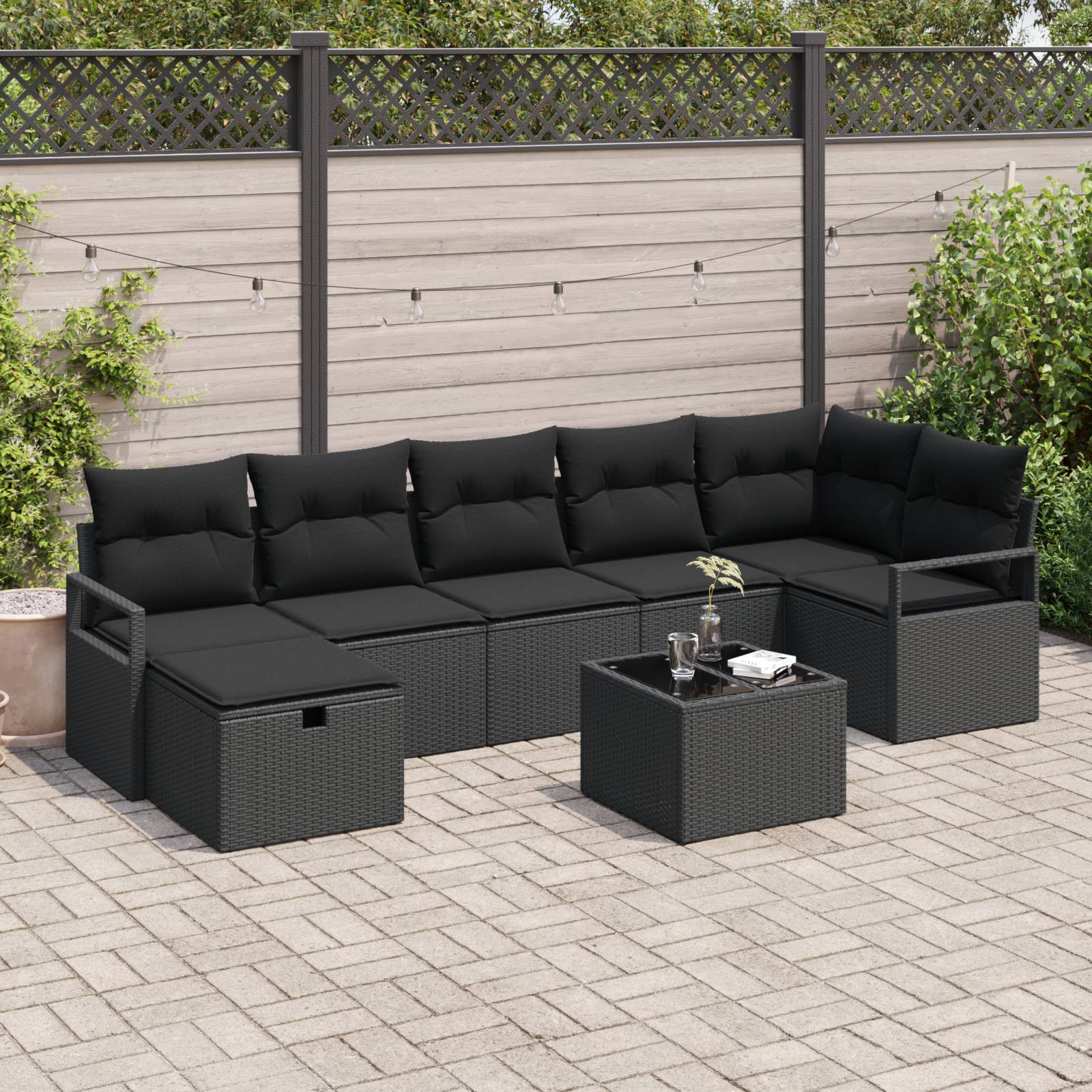 vidaXL 8-tlg. Garten-Sofagarnitur mit Kissen Schwarz Poly Rattan
