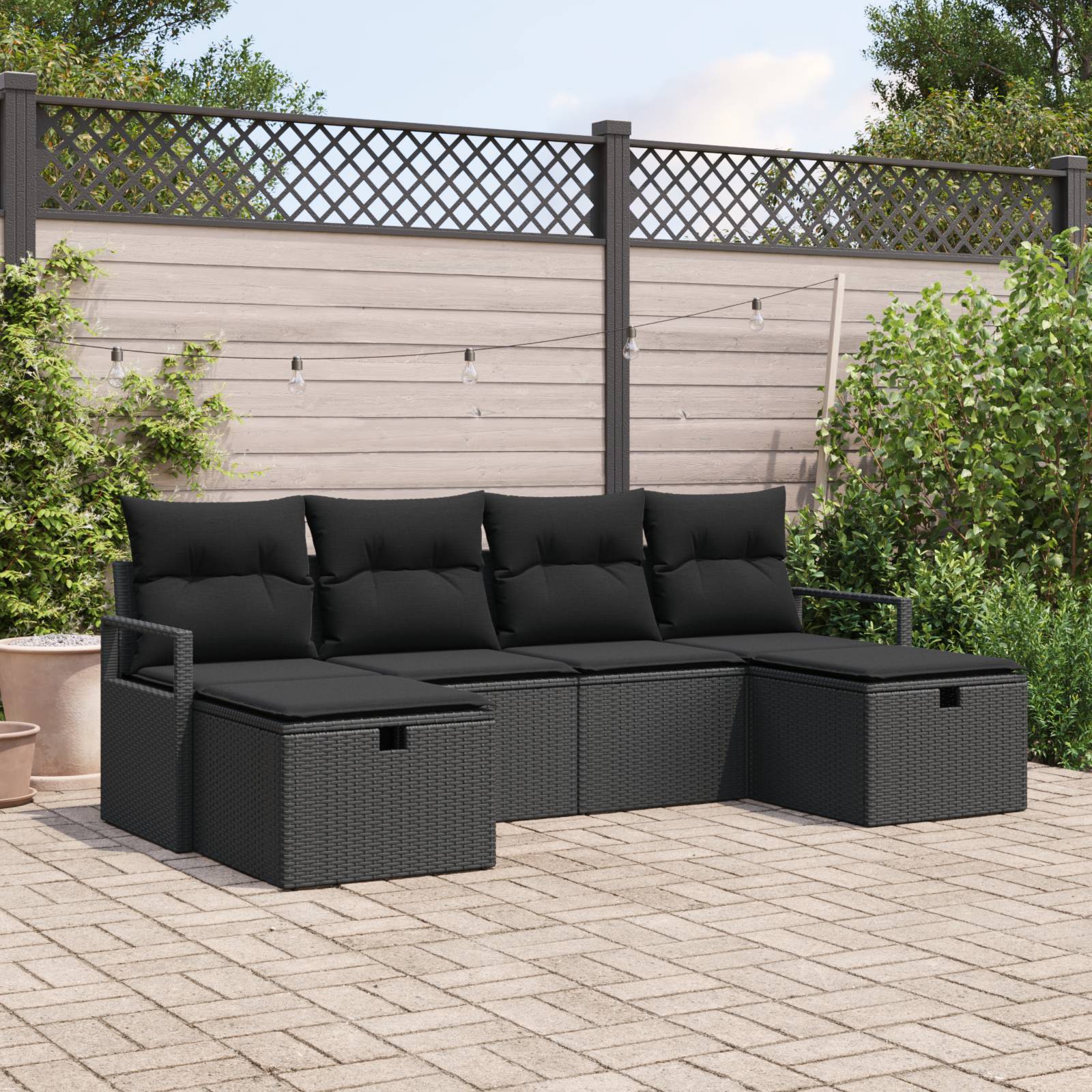 vidaXL 6-teiliges Garten-Sofa-Set mit Kissen aus schwarzem Poly-Rattan