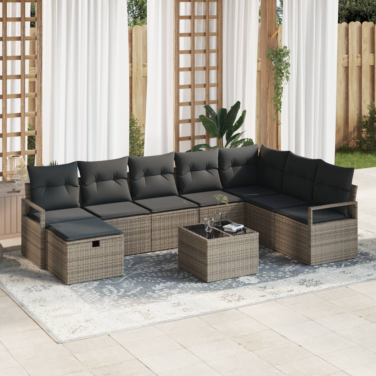 vidaXL 9-teiliges Garten Sofa Set mit Kissen Grau Poly Rattan