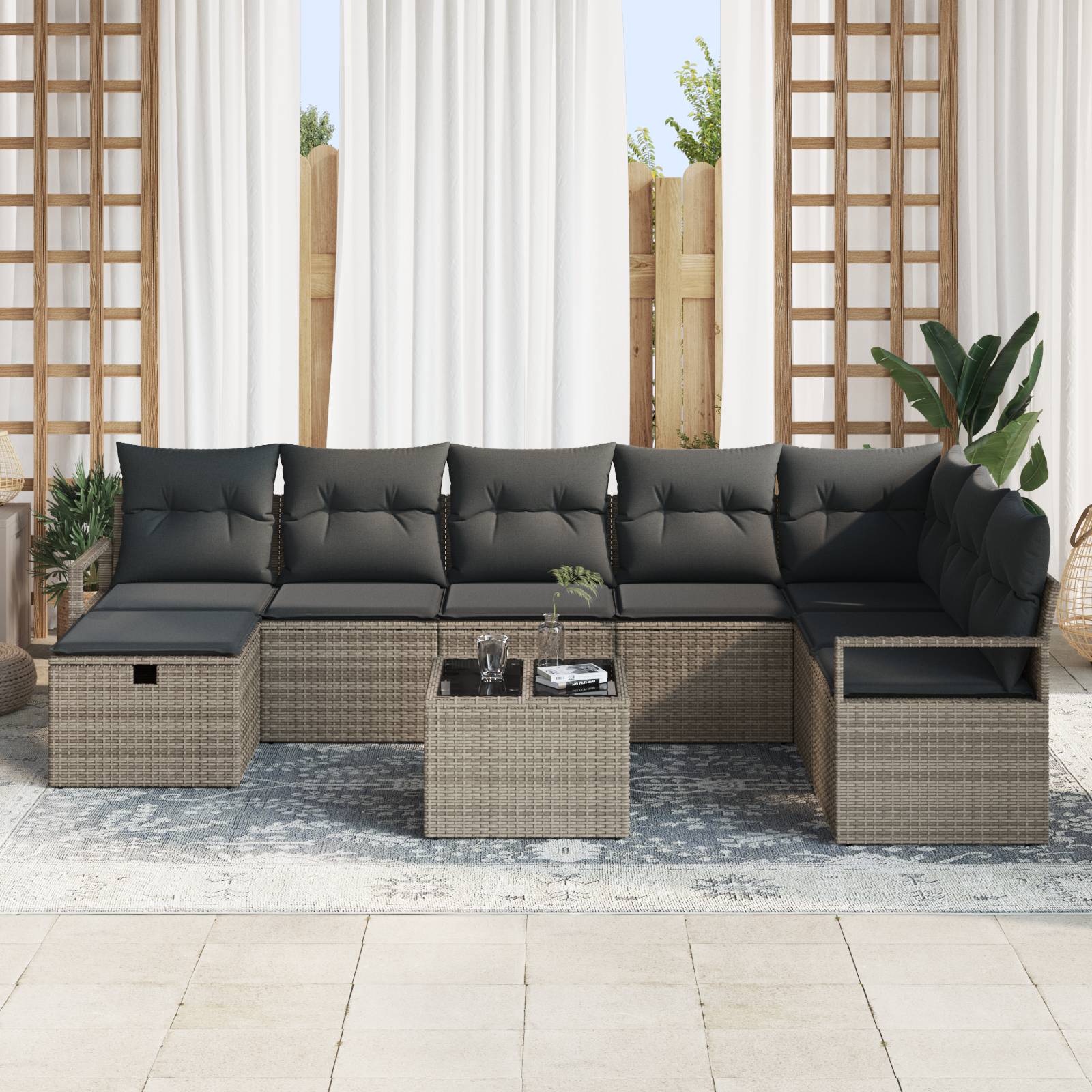 vidaXL 9-teiliges Garten Sofa Set mit Kissen Grau Poly Rattan