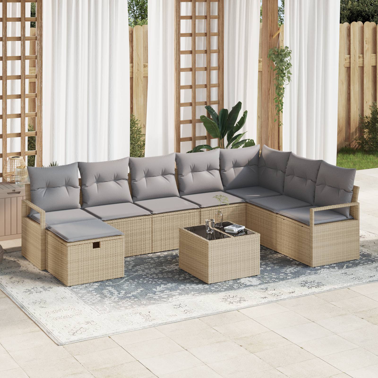 vidaXL 9-teiliges Garten Sofa Set mit Kissen Beige Poly Rattan