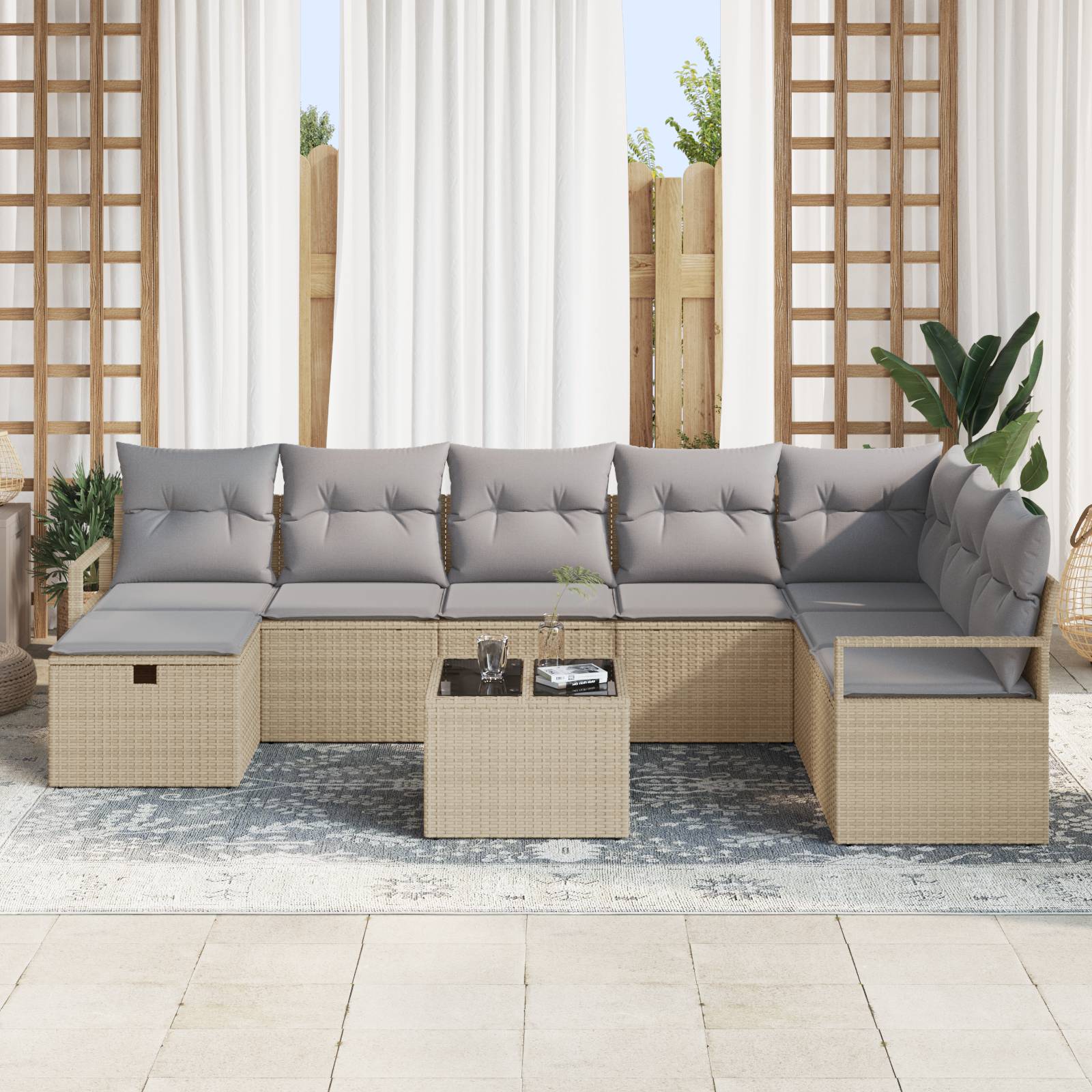 vidaXL 9-teiliges Garten Sofa Set mit Kissen Beige Poly Rattan
