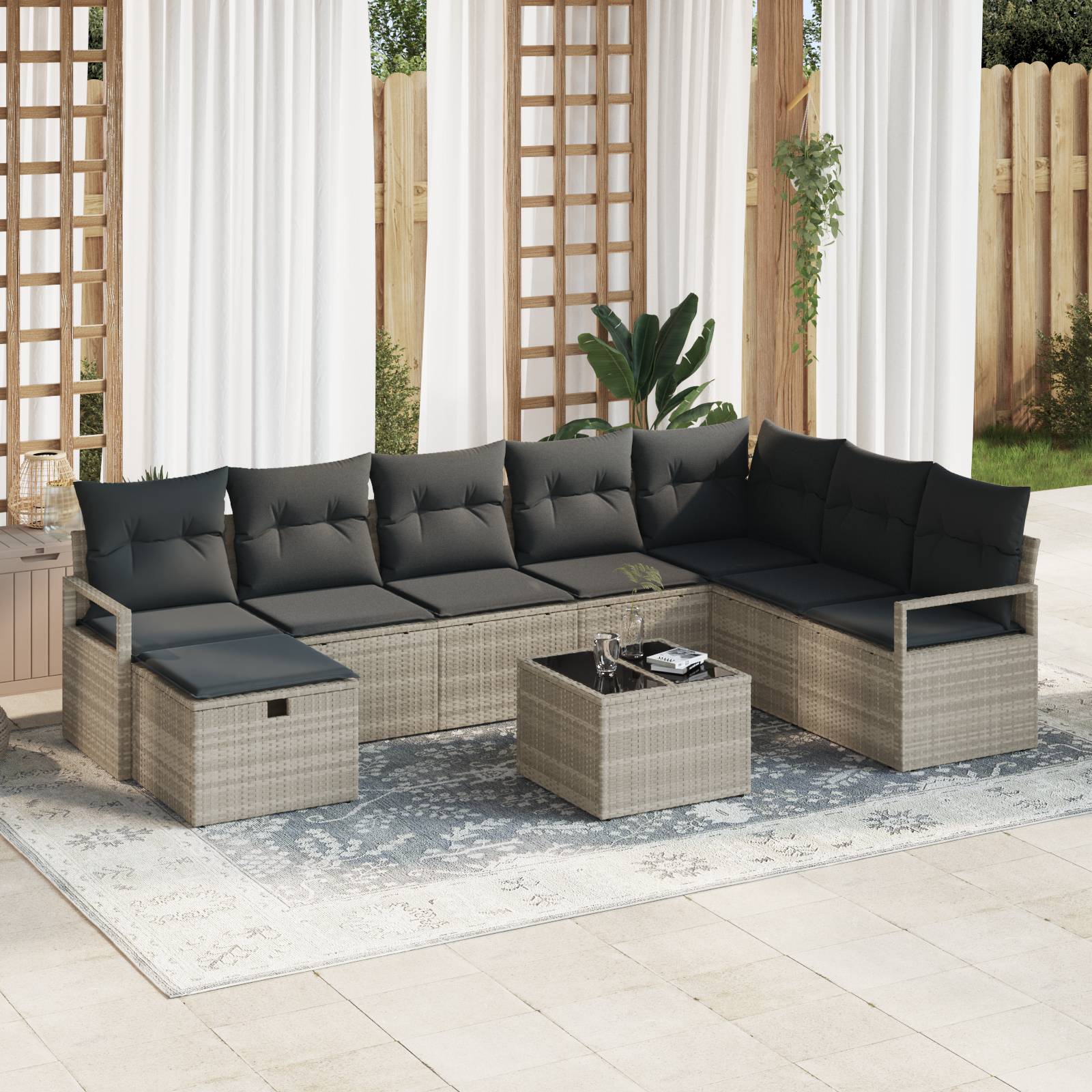 vidaXL 9-teilige Garten Sofa Set mit Kissen Hellgrau Poly Rattan