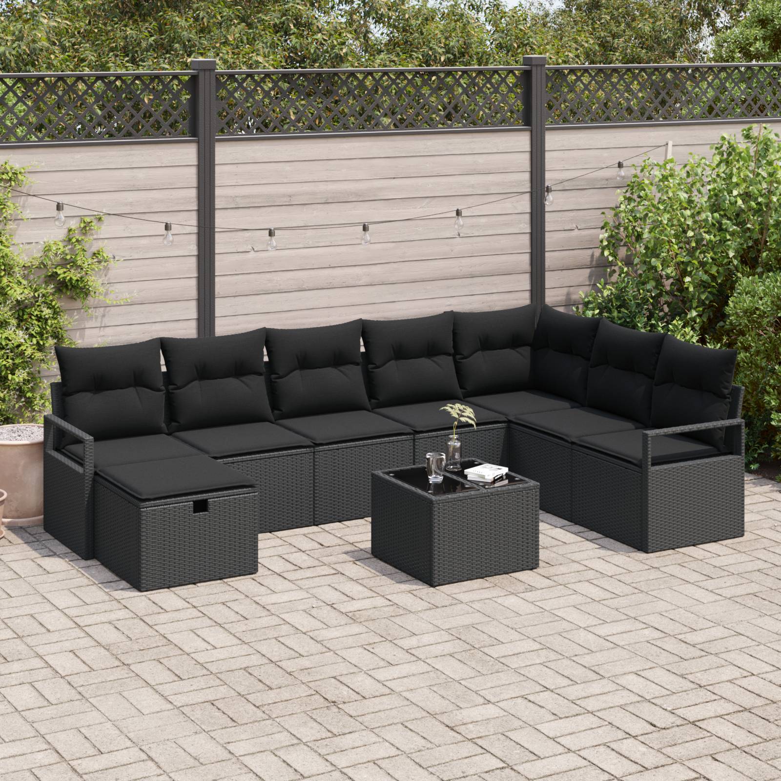 vidaXL 9-teiliges Garten-Sofaset mit Kissen Schwarz Poly-Rattan