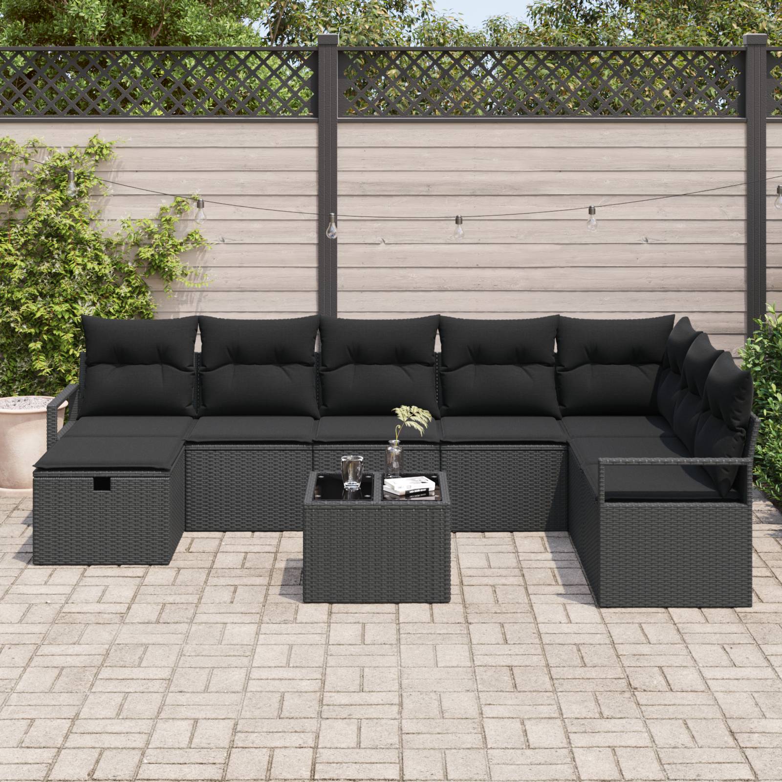vidaXL 9-teiliges Garten-Sofaset mit Kissen Schwarz Poly-Rattan