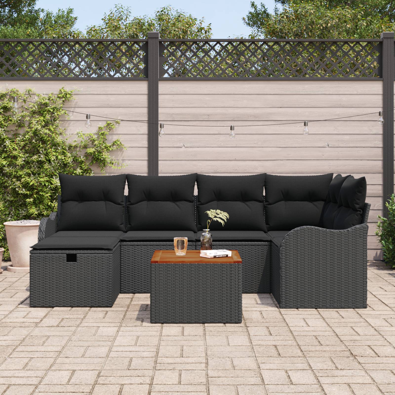 vidaXL 7-teiliges Garten Sofaset mit Polstern Schwarzes Poly Rattan