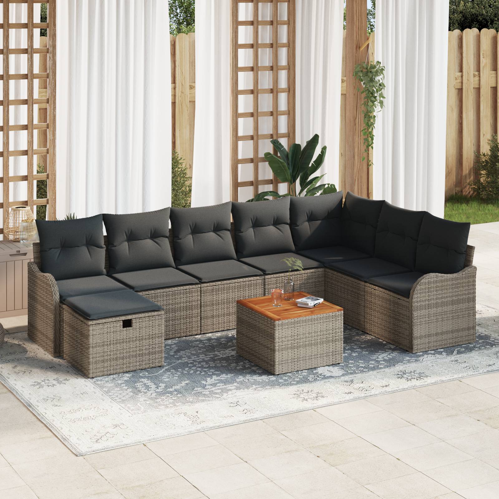 vidaXL 9-teiliges Garten Sofa Set mit Kissen Grau Poly Rattan