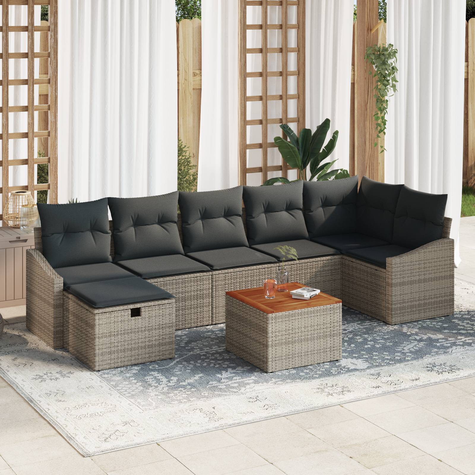 vidaXL 8-tlg. Garten-Sofagarnitur mit Kissen Grau Poly Rattan
