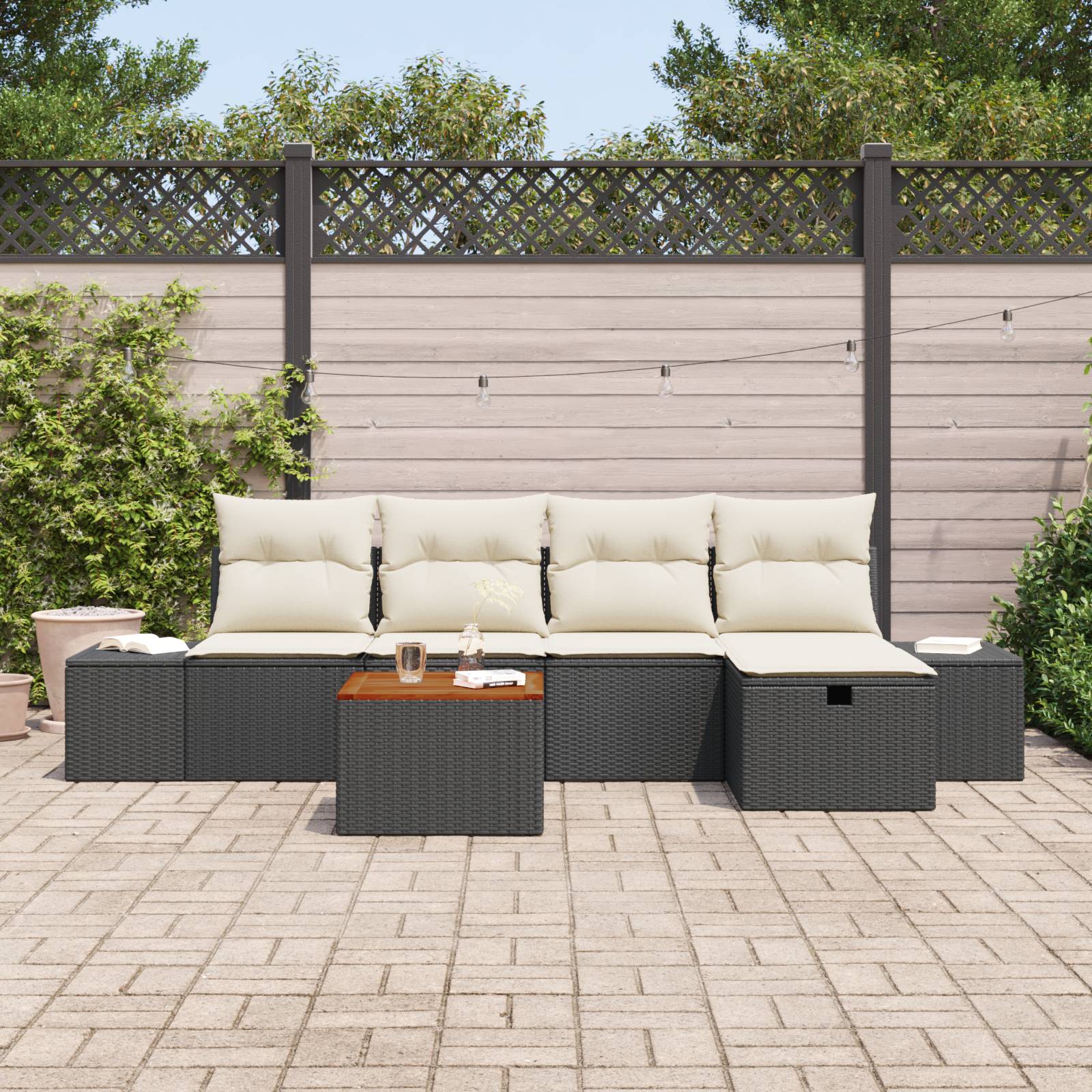 vidaXL 6-teiliges Garten Sofaset mit Kissen Schwarz Poly Rattan