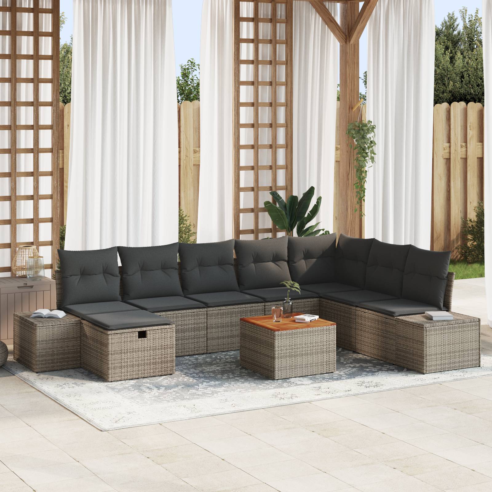 vidaXL 9-teiliges Garten Sofa Set mit Kissen Grau Poly Rattan