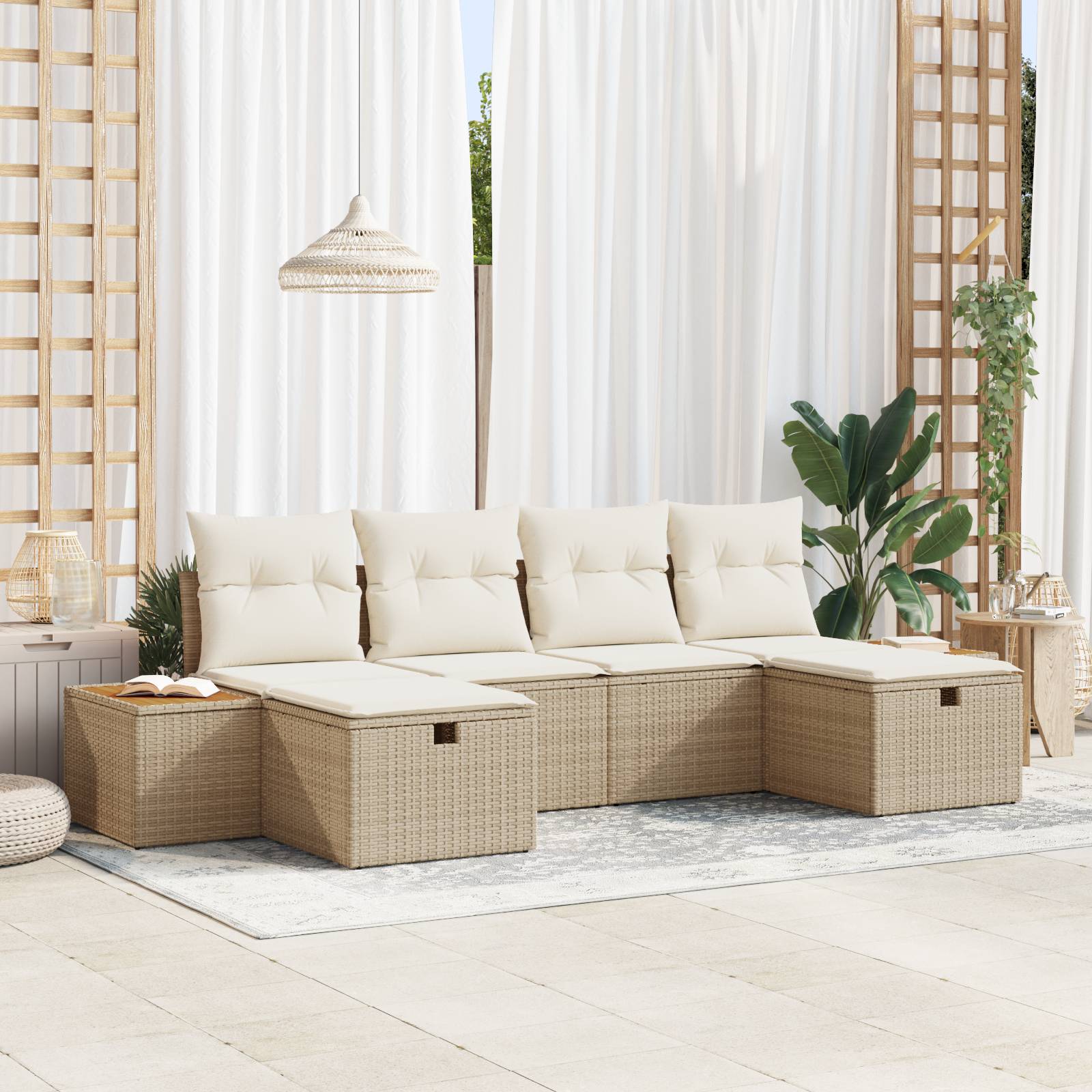 vidaXL 6-tlg. Garten-Sofagarnitur mit Kissen Beige Poly Rattan