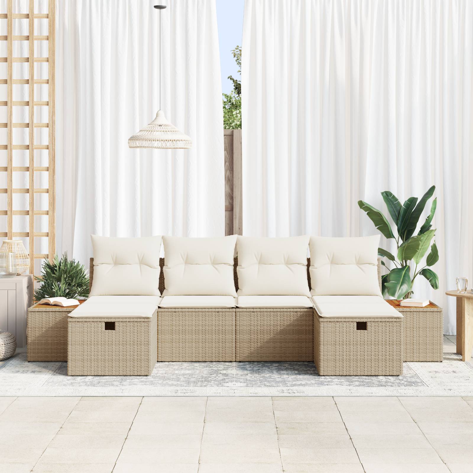 vidaXL 6-tlg. Garten-Sofagarnitur mit Kissen Beige Poly Rattan