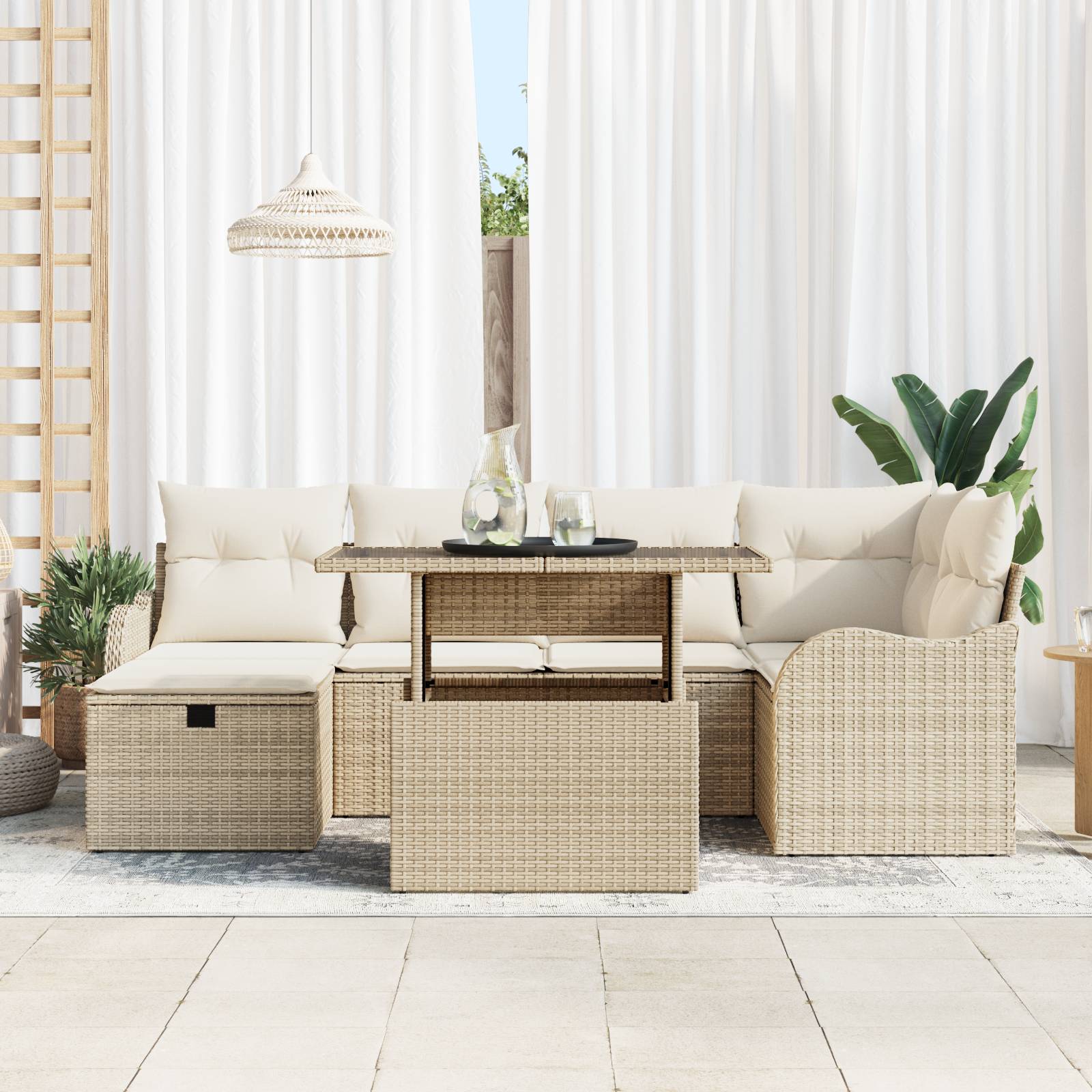 vidaXL 7-teiliges Garten Sofa Set mit Kissen Beige Poly Rattan