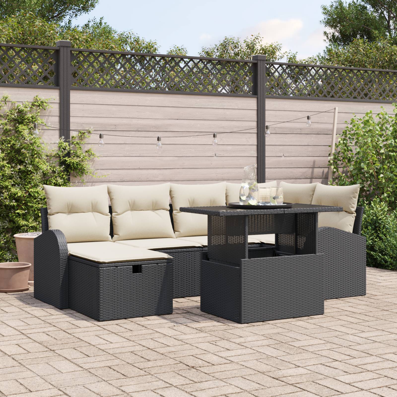 vidaXL 7-teiliges Garten Sofa Set mit Kissen Schwarz Poly Rattan