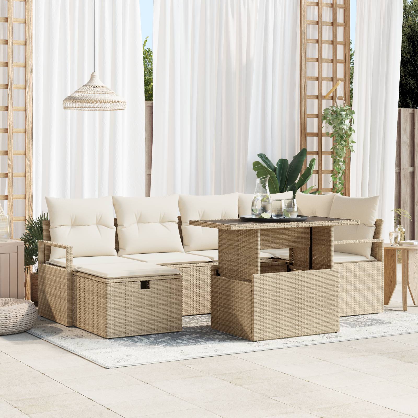vidaXL 7-teiliges Garten Sofa Set mit Kissen Beige Poly Rattan