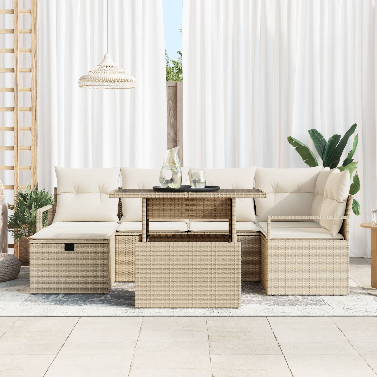 vidaXL 7-teiliges Garten Sofa Set mit Kissen Beige Poly Rattan