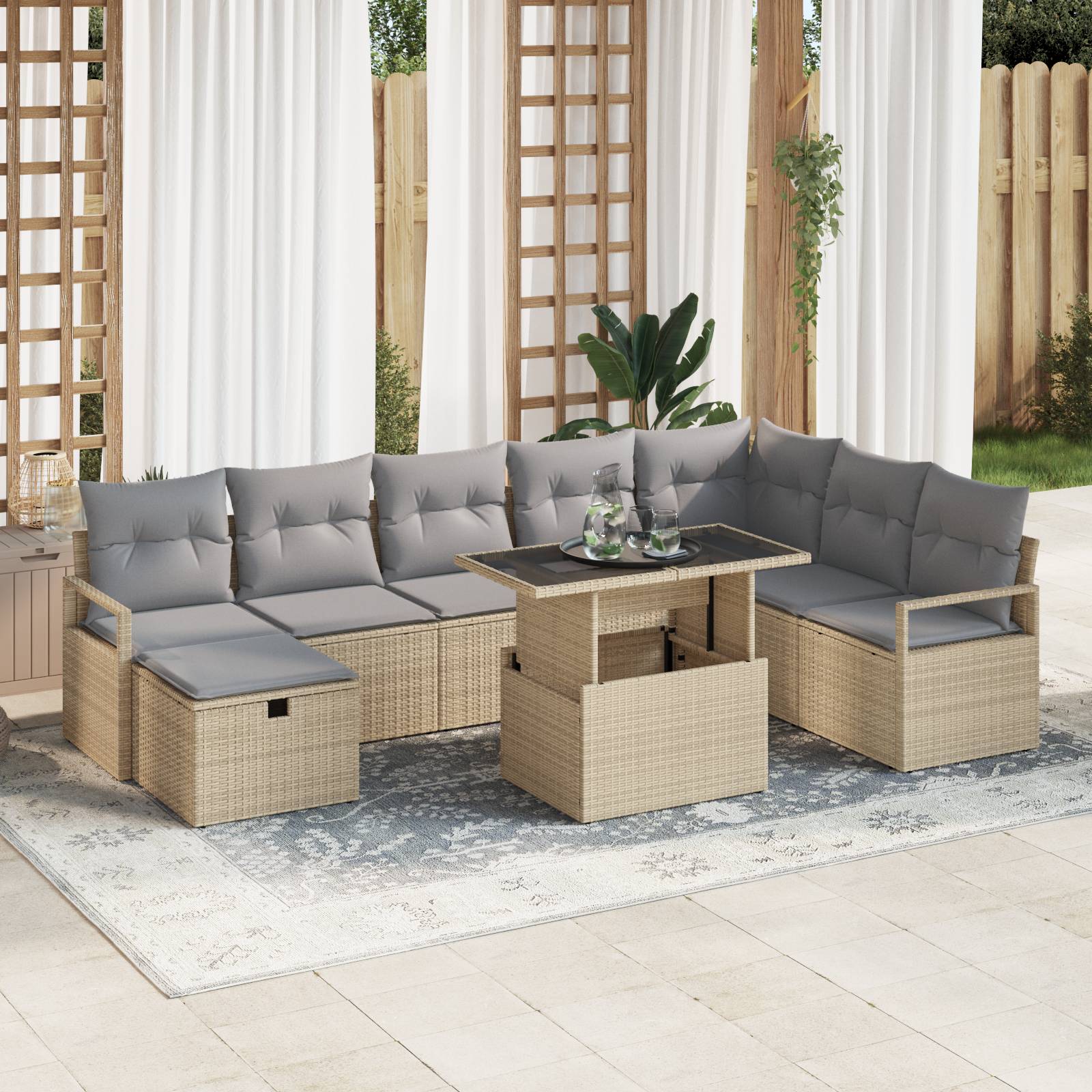 vidaXL 9-teiliges Garten-Sofa-Set mit Kissen Beige Poly Rattan