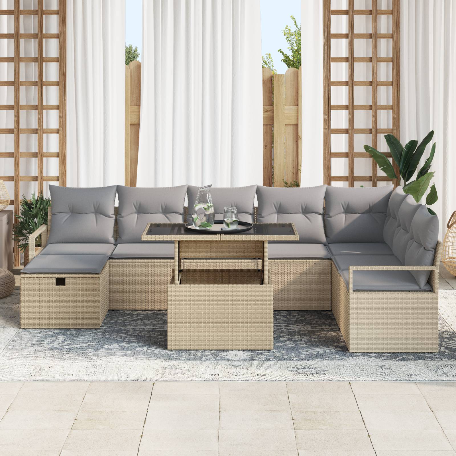 vidaXL 9-teiliges Garten-Sofa-Set mit Kissen Beige Poly Rattan