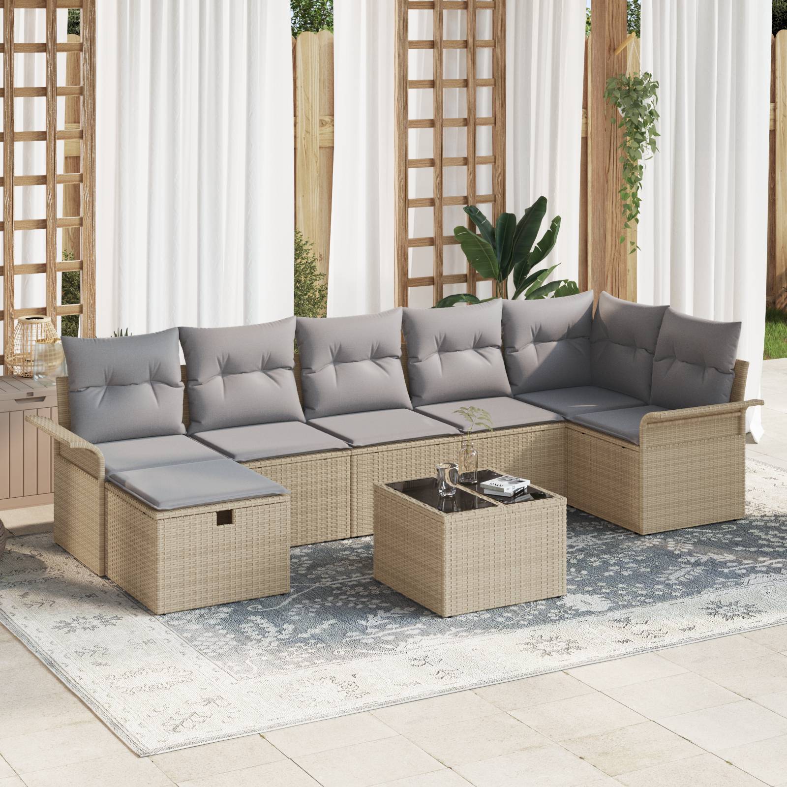 vidaXL 8-teiliges Garten Sofa Set mit Kissen in Beigem Poly Rattan