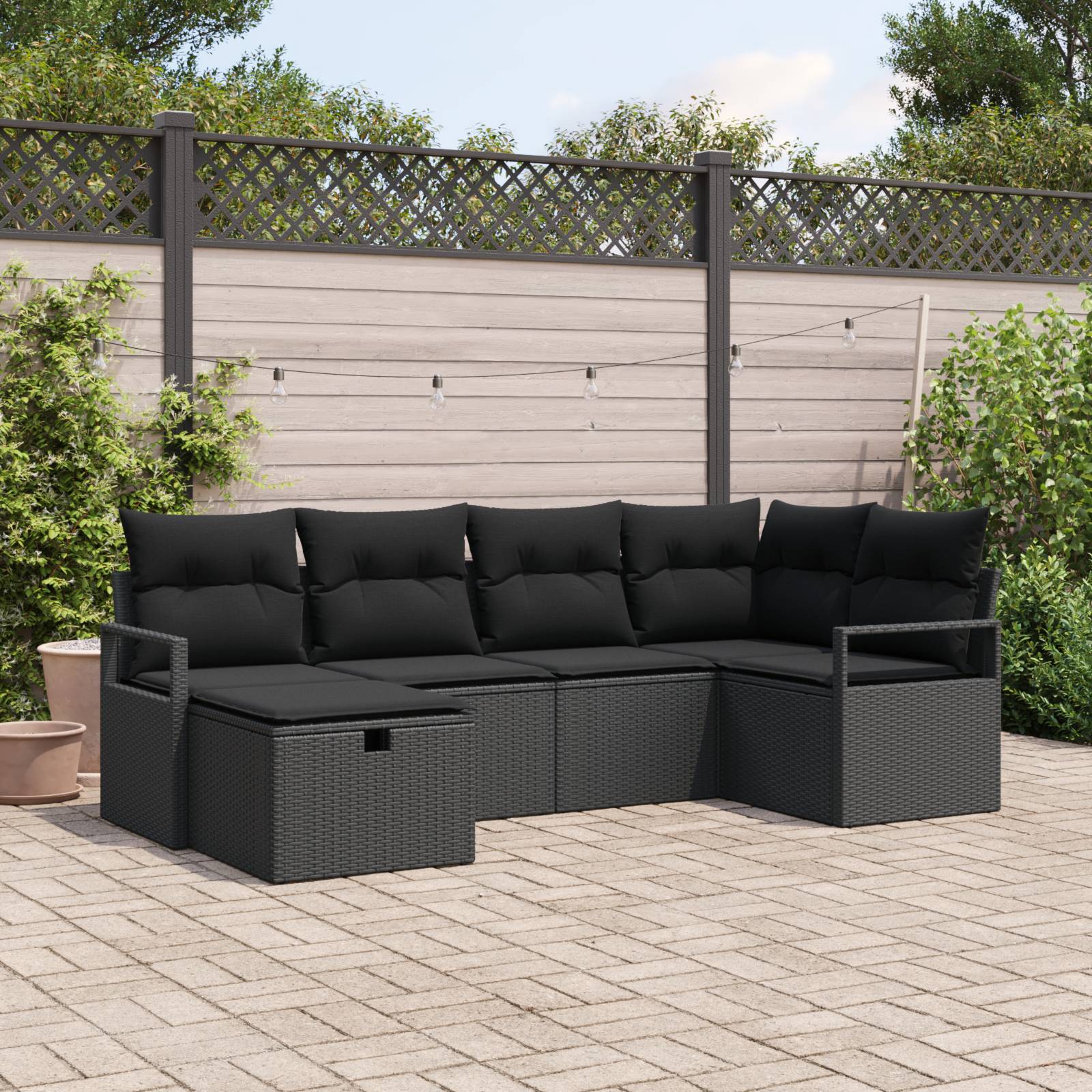 vidaXL 6-tlg. Garten-Sofagarnitur mit Kissen Schwarz Poly Rattan